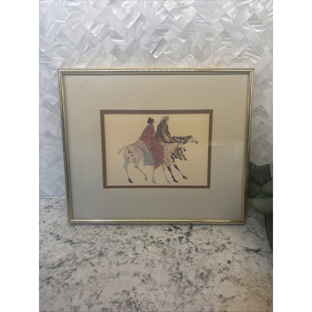 Vintage Carol Grigg Framed Print Native American Women Horses Watercolor